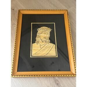 Handcrafted Marquetry Wood Veneer Carved Jesus Christ Portrait Vintage Framed